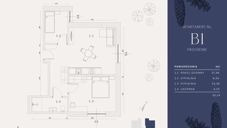 Rzut - Mieszkanie na sprzedaż 4 pokoje o powierzchni 52,14 m² - numer B1 w Rysulówka 70