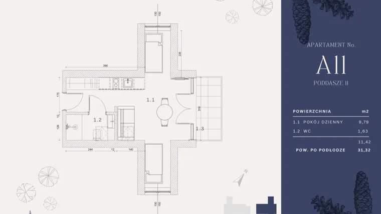 Rzut - Mieszkanie na sprzedaż 2 pokoje o powierzchni 11,86 m² - numer A11 w Rysulówka 70