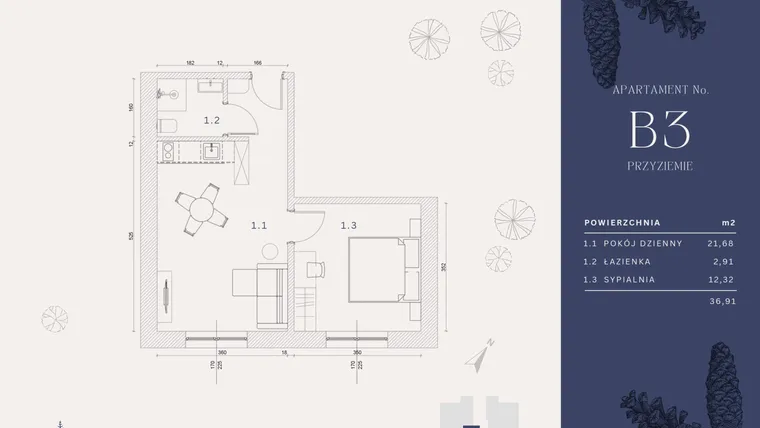 Rzut - Mieszkanie na sprzedaż 3 pokoje o powierzchni 36,91 m² - numer B3 w Rysulówka 70