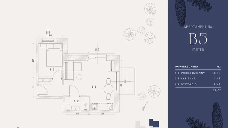 Rzut - Mieszkanie na sprzedaż 3 pokoje o powierzchni 27,02 m² - numer B5 w Rysulówka 70