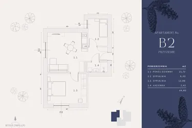 Rzut - Mieszkanie na sprzedaż 4 pokoje o powierzchni 44,4 m² - numer B2 w Rysulówka 70
