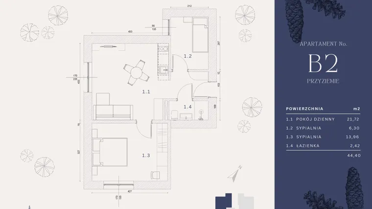 Rzut - Mieszkanie na sprzedaż 4 pokoje o powierzchni 44,4 m² - numer B2 w Rysulówka 70