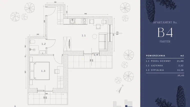 Rzut - Mieszkanie na sprzedaż 3 pokoje o powierzchni 35,43 m² - numer B4 w Rysulówka 70