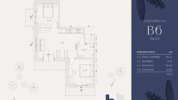 Rzut - Mieszkanie na sprzedaż 4 pokoje o powierzchni 52,27 m² - numer B6 w Rysulówka 70