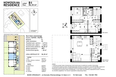Rzut - Mieszkanie na sprzedaż 4 pokoje o powierzchni 86,3 m² - numer B1 w Nowosolna Residence