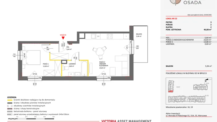 Rzut - Mieszkanie na sprzedaż 2 pokoje o powierzchni 46,88 m² - numer D.22 w Piastova Osada
