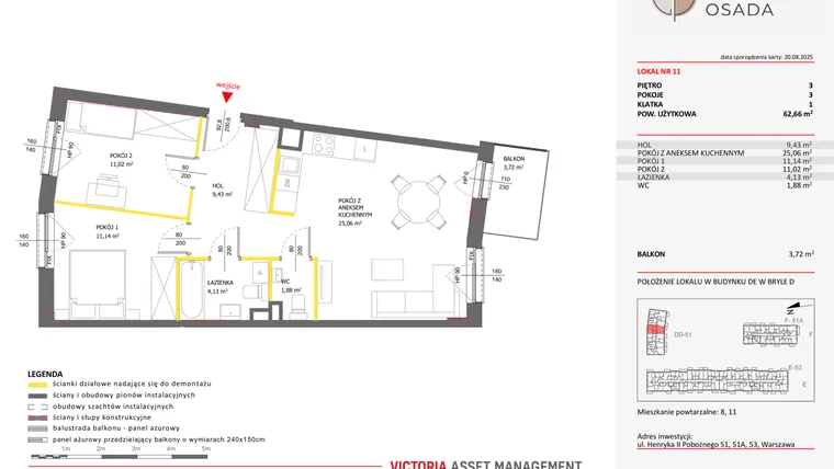 Rzut - Mieszkanie na sprzedaż 3 pokoje o powierzchni 62,66 m² - numer D.11 w Piastova Osada