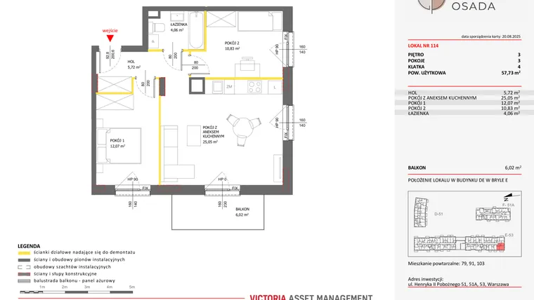 Rzut - Mieszkanie na sprzedaż 3 pokoje o powierzchni 57,73 m² - numer E.114 w Piastova Osada