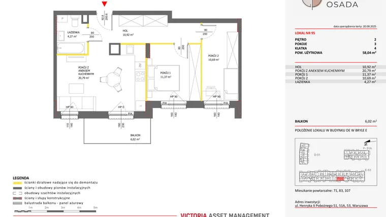 Rzut - Mieszkanie na sprzedaż 3 pokoje o powierzchni 58,04 m² - numer E.95 w Piastova Osada
