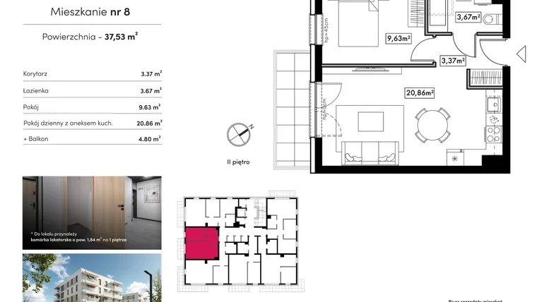 Rzut - Mieszkanie na sprzedaż 2 pokoje o powierzchni 37,53 m² - numer B17.M8 w Novum Rumia - bud. 17
