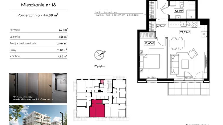 Rzut - Mieszkanie na sprzedaż 2 pokoje o powierzchni 44,39 m² - numer B17.M18 w Novum Rumia - bud. 17