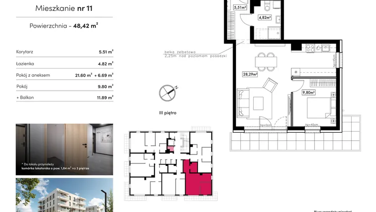 Rzut - Mieszkanie na sprzedaż 2 pokoje o powierzchni 48,42 m² - numer B17.M11 w Novum Rumia - bud. 17