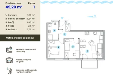 Rzut - Mieszkanie na sprzedaż 3 pokoje o powierzchni 49,2 m² - numer 1.4 w Ustka Flow