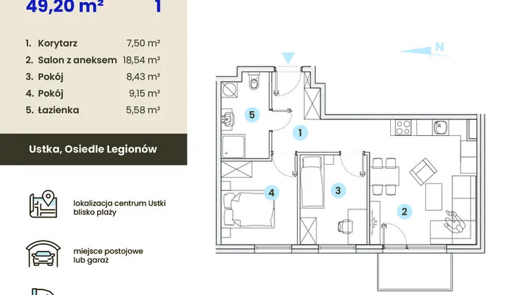 Rzut - Mieszkanie na sprzedaż 3 pokoje o powierzchni 49,2 m² - numer 1.4 w Ustka Flow