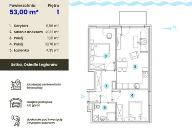 Rzut - Mieszkanie na sprzedaż 3 pokoje o powierzchni 53 m² - numer 1.3 w Ustka Flow