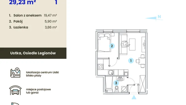 Rzut - Mieszkanie na sprzedaż 2 pokoje o powierzchni 29,23 m² - numer 1.1 w Ustka Flow