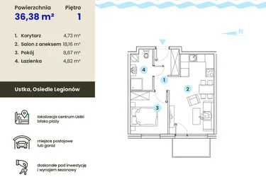 Rzut - Mieszkanie na sprzedaż 2 pokoje o powierzchni 36,38 m² - numer 1.6 w Ustka Flow