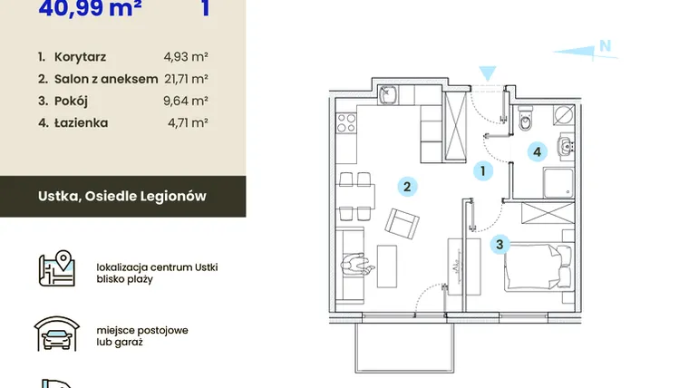 Rzut - Mieszkanie na sprzedaż 2 pokoje o powierzchni 40,99 m² - numer 1.7 w Ustka Flow