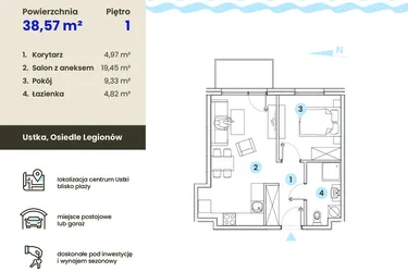 Rzut - Mieszkanie na sprzedaż 2 pokoje o powierzchni 38,57 m² - numer 1.10 w Ustka Flow