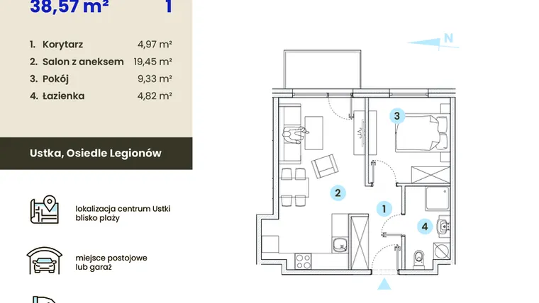 Rzut - Mieszkanie na sprzedaż 2 pokoje o powierzchni 38,57 m² - numer 1.10 w Ustka Flow