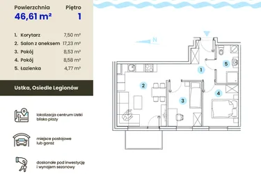 Rzut - Mieszkanie na sprzedaż 3 pokoje o powierzchni 46,61 m² - numer 1.8 w Ustka Flow