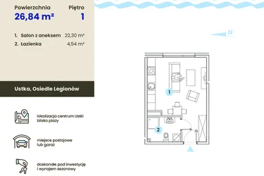 Rzut - Mieszkanie na sprzedaż 1 pokój o powierzchni 26,84 m² - numer 1.11 w Ustka Flow