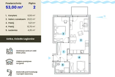 Rzut - Mieszkanie na sprzedaż 3 pokoje o powierzchni 53 m² - numer 2.3 w Ustka Flow