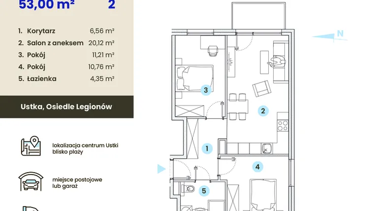 Rzut - Mieszkanie na sprzedaż 3 pokoje o powierzchni 53 m² - numer 2.3 w Ustka Flow