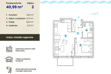 Rzut - Mieszkanie na sprzedaż 2 pokoje o powierzchni 40,99 m² - numer 2.7 w Ustka Flow