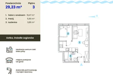 Rzut - Mieszkanie na sprzedaż 1 pokój o powierzchni 29,23 m² - numer 3.1 w Ustka Flow