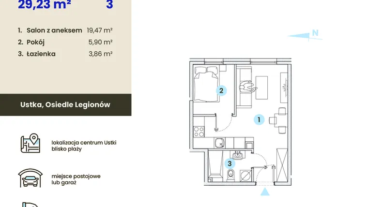 Rzut - Mieszkanie na sprzedaż 1 pokój o powierzchni 29,23 m² - numer 3.1 w Ustka Flow