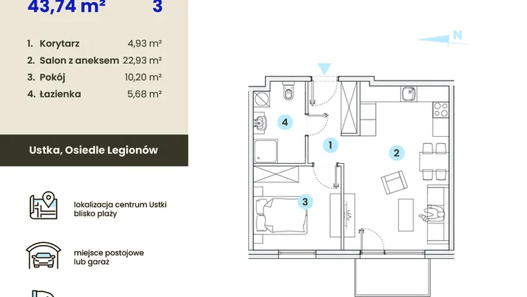 Rzut - Mieszkanie na sprzedaż 2 pokoje o powierzchni 43,74 m² - numer 3.5 w Ustka Flow