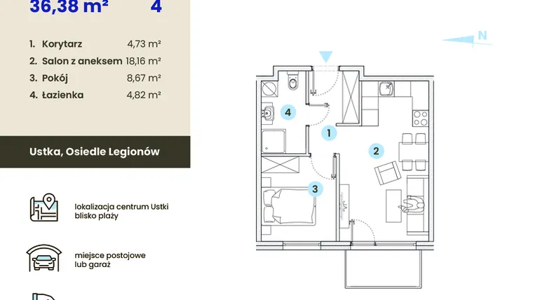 Rzut - Mieszkanie na sprzedaż 2 pokoje o powierzchni 36,38 m² - numer 4.6 w Ustka Flow