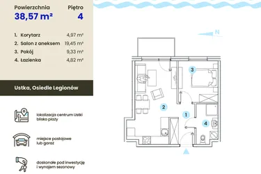 Rzut - Mieszkanie na sprzedaż 2 pokoje o powierzchni 38,57 m² - numer 4.10 w Ustka Flow