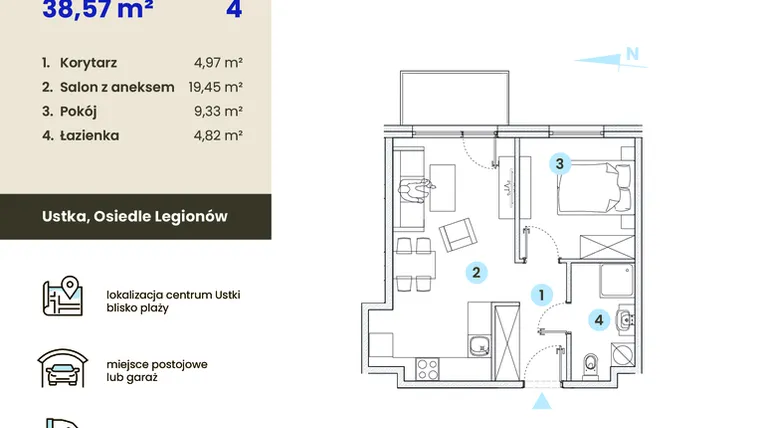 Rzut - Mieszkanie na sprzedaż 2 pokoje o powierzchni 38,57 m² - numer 4.10 w Ustka Flow