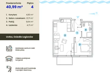 Rzut - Mieszkanie na sprzedaż 2 pokoje o powierzchni 40,99 m² - numer 4.7 w Ustka Flow