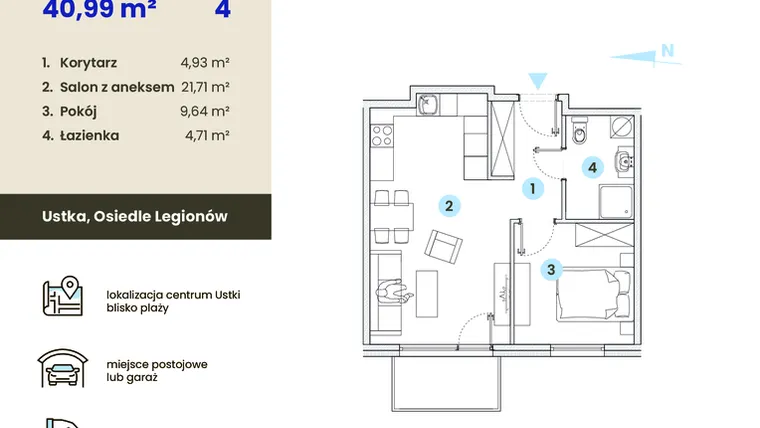 Rzut - Mieszkanie na sprzedaż 2 pokoje o powierzchni 40,99 m² - numer 4.7 w Ustka Flow