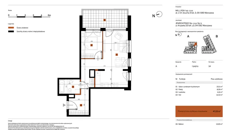 Rzut - Mieszkanie na sprzedaż 2 pokoje o powierzchni 47,23 m² - numer 14 w MY Głębocka