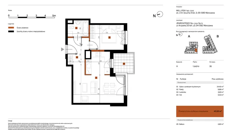 Rzut - Mieszkanie na sprzedaż 2 pokoje o powierzchni 43,5 m² - numer 16 w MY Głębocka