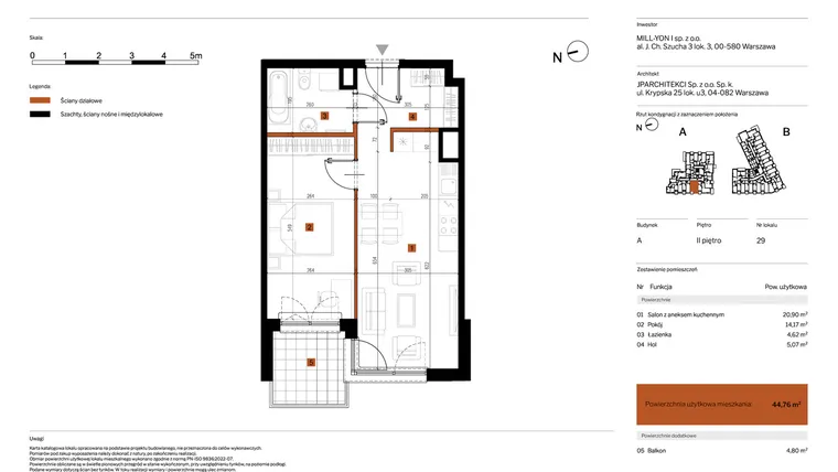 Rzut - Mieszkanie na sprzedaż 2 pokoje o powierzchni 44,76 m² - numer 29 w MY Głębocka