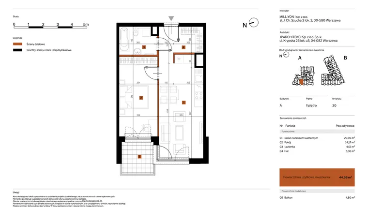 Rzut - Mieszkanie na sprzedaż 2 pokoje o powierzchni 44,98 m² - numer 30 w MY Głębocka