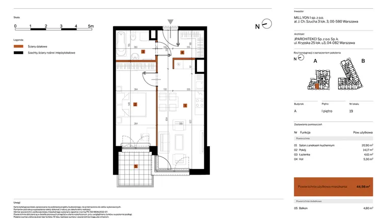 Rzut - Mieszkanie na sprzedaż 2 pokoje o powierzchni 44,98 m² - numer 19 w MY Głębocka