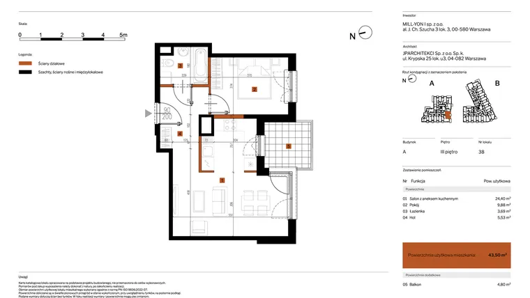 Rzut - Mieszkanie na sprzedaż 2 pokoje o powierzchni 43,5 m² - numer 38 w MY Głębocka