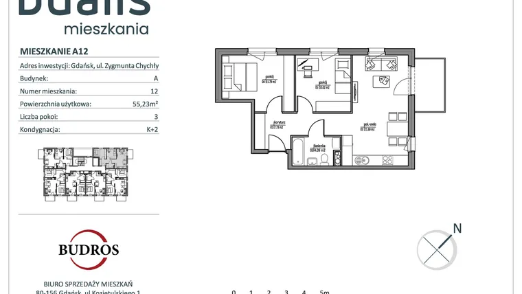 Rzut - Mieszkanie na sprzedaż 3 pokoje o powierzchni 55,06 m² - numer A12 w Dualis