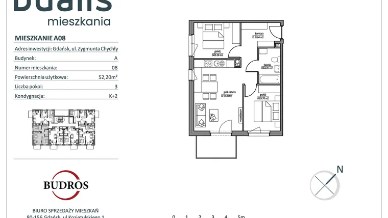 Rzut - Mieszkanie na sprzedaż 3 pokoje o powierzchni 52,2 m² - numer A08 w Dualis