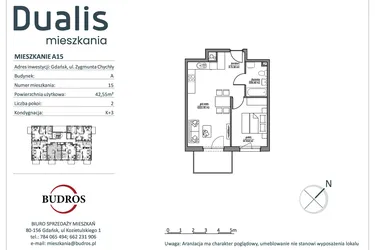 Rzut - Mieszkanie na sprzedaż 2 pokoje o powierzchni 42,45 m² - numer A15 w Dualis