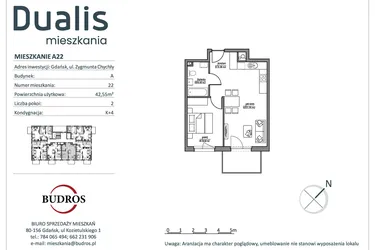 Rzut - Mieszkanie na sprzedaż 2 pokoje o powierzchni 42,48 m² - numer A22 w Dualis