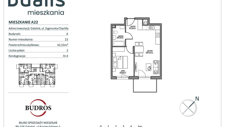 Rzut - Mieszkanie na sprzedaż 2 pokoje o powierzchni 42,48 m² - numer A22 w Dualis