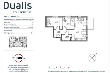 Rzut - Mieszkanie na sprzedaż 3 pokoje o powierzchni 55,17 m² - numer A24 w Dualis