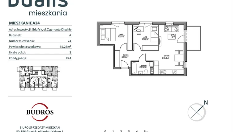 Rzut - Mieszkanie na sprzedaż 3 pokoje o powierzchni 55,17 m² - numer A24 w Dualis
